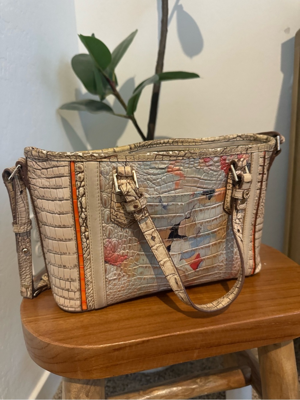Brahmin Neutral Croc-Embossed Tote with Multicolor Painted Accent - Picture 4 of 7